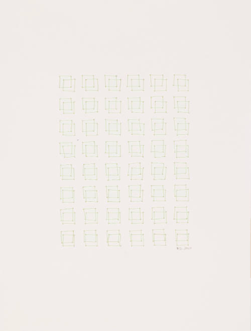 Light green overlapping pairs of squares embroidered onto paper in a 6 x 8 grid