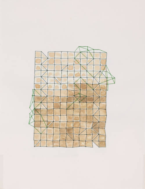 Embroidered 11x15 grid with green abstractions overlaid & squares filled in with gradient brown ink