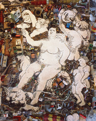 Detritus arranged to depict Baroque scene of nude god of wine with 5 figures around him.