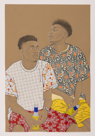 2 Black men in patterned, baggy clothing hold rhinestone Kalik beer bottles against brown background