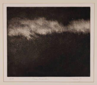 Etching of black gradient background with blurry white swath across top third