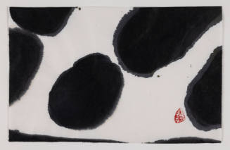 5 abstract black ovals in pattern & spill over a white background with black line at bottom