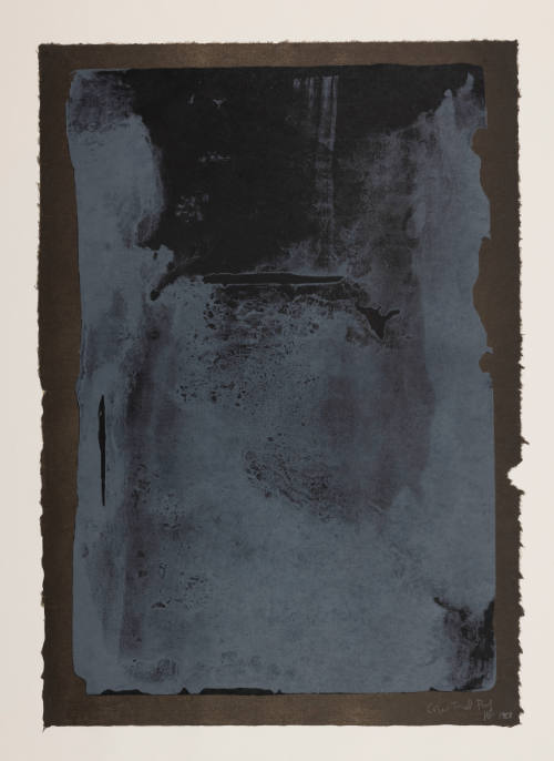 Large abstract vertical rectangle with white wash over black layer with brown border.