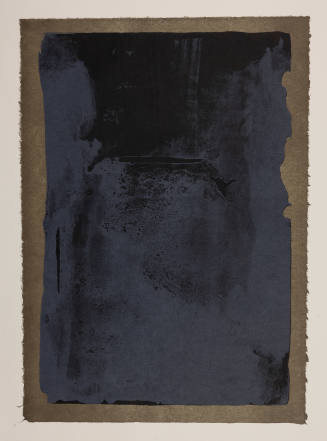 Large abstract vertical rectangle with white over lower half of black layer with brown border.