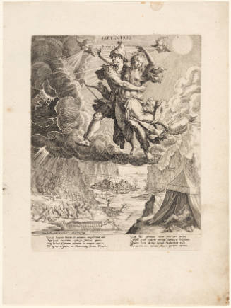 God Boreas holding princess Orithias in the clouds above landscape with centaurs and people fighting