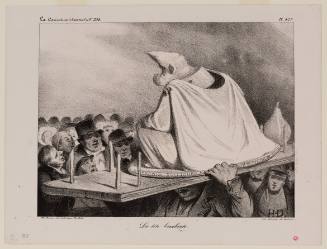 Crowd gathered around seated figure raised on a board; its sagging cloak reveals a head toppling ove