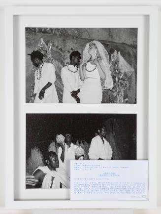 Two photos; above, a bride with two men wearing white; below, three musicians outside at night
