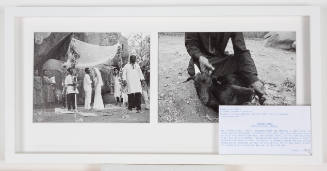 Two photos; at left, bride and groom under Chuppah, at right: close-up of man holding down a goat