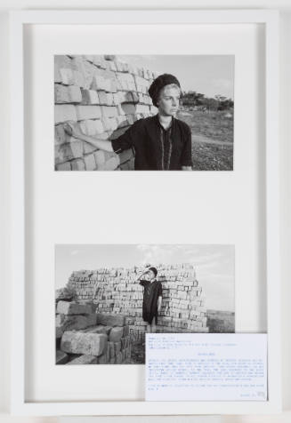 Two black-and-white photos of a light-skinned woman standing next to a brick structure