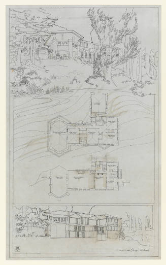 Line drawing of a home from different perspectives: a floorplan, exterior views, and elevations