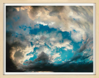 Swirling black, pink, and white storm clouds swirl around a white cloud and bright blue background