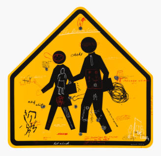 Yellow pedestrian crosswalk sign with bullet holes and scribble drawings in black, red, and white