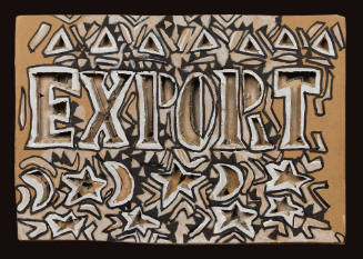 Black and white outlines of geometric shapes around the word “EXPORT” carved into brown cardboard