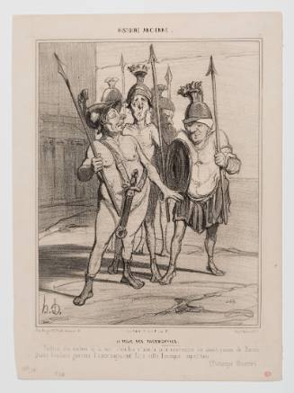 Caricature of a group of nearly nude older men with Greek helmets and spears in conversation