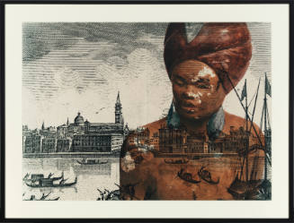 Image of brown-skinned figure wearing a turban superimposed on black-and-white landscape of Venice