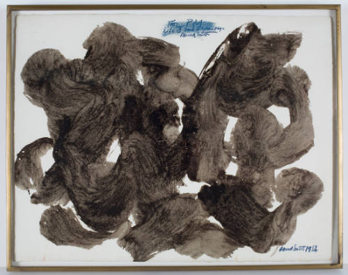 Thick brushstrokes in black watercolor creating cloud-like abstract form on white paper
