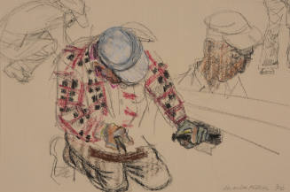 Four loose detail and full-figure sketches of a man in work clothes scattered across the paper