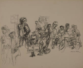 Gestural print of protesters carrying signs in Italian, including one that says “We Demand Work”