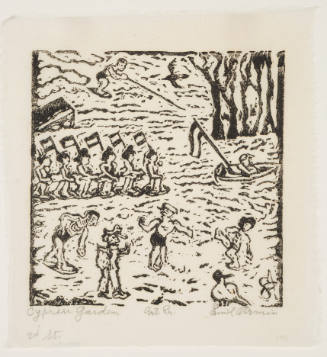 Rough linoleum cut of summer lake scene with water skiers, bathers, and bird in immediate foreground