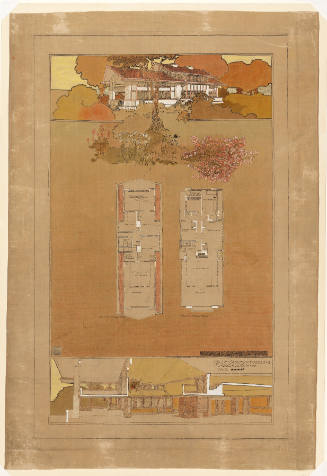 Brown, yellow, and orange ink drawing of a home with floorplan, exterior views, and elevations