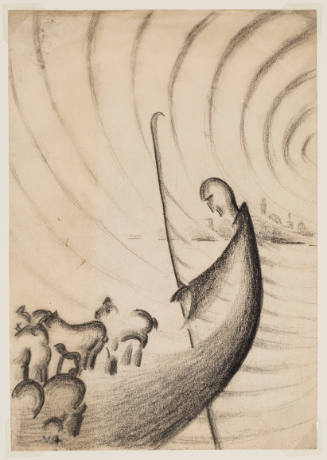 Charcoal drawing of a robed shepherd with a staff leading a flock of sheep