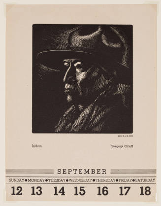 Calendar page with a dark engraving of a portrait of a person with braids wearing a wide-brimmed hat