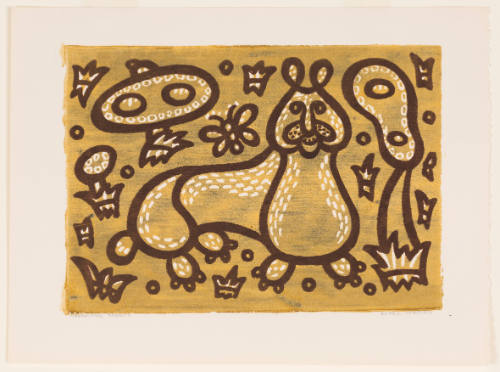 Highly stylized curvilinear rendering of a rabbit with birds, butterflies, and small plants