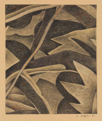 Highly stylized composition foregrounded with leaf shapes and the suggestion of waves in background