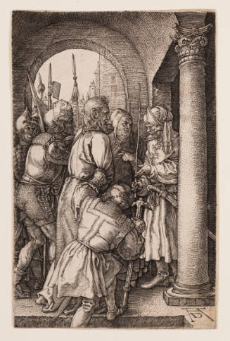 Engraving of group of men in medieval and ancient dress surrounding Christ in classical structure