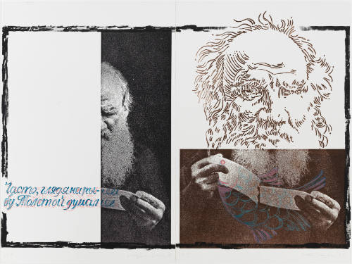 Collaged photographs and drawings of Leo Tolstoy with colorful text and drawing of fish superimposed
