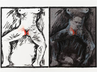 Two drawings of women’s bodies with red marks at genitalia; body on right overlaid with image of man