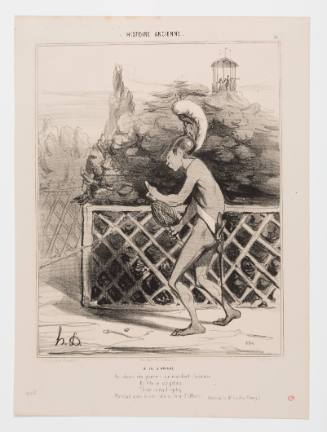 Caricature of nude Theseus with a helmet and sword unwinding thread around a corner of garden maze