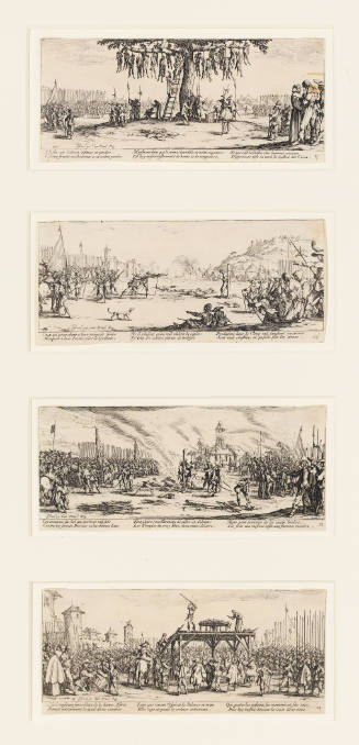 Four horizontal scenes of wartime conflict with many figures and accompanying captions in French