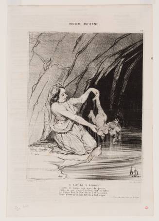 Caricature of Thetis lifting baby from water by heel; baby has lobster clinging to nose by claw