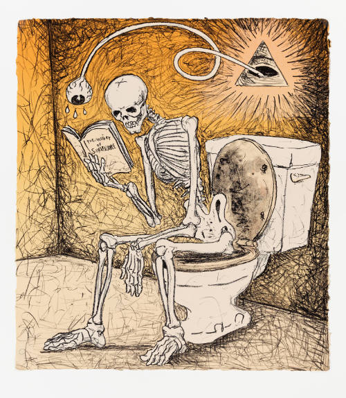 Skeleton on toilet reading "The History of Surveillance" and an eyeball looking over his shoulder