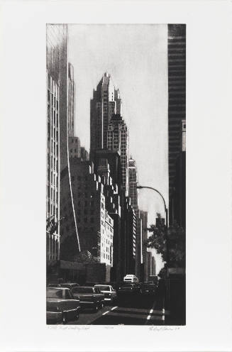 Vertically oriented black-and-white print of a city street crowded with cars and tall buildings