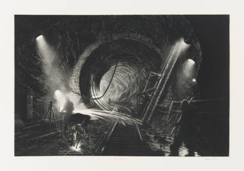 Black-and-white print of underground tunnel with men working on train tracks with tools in the dark