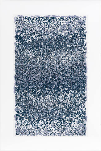 Vertically oriented print composed of dots in various shades of dark blue, white, and gray