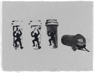 Three pill bottles each with drawing of a soldier; fourth bottle is tipped with soldier crawling out