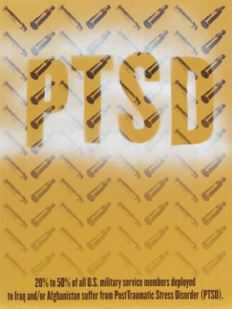 Pattern of bullets on a yellow background with letters "PTSD" outlined in white spray paint 