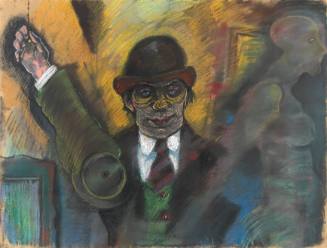Man with mechanical arm in a suit and bowler hat, and faint representation of a nude figure at right