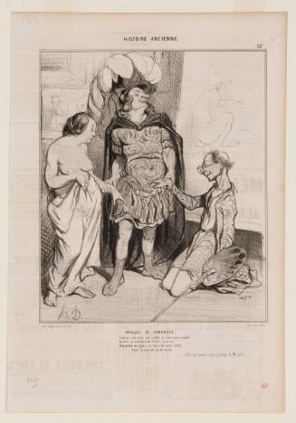 Alexander the Great holds the hands of a doting Apelles, on his knees, and a woman wrapped in a shee