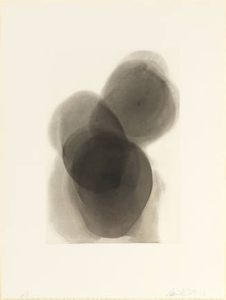 Black-and-white print of overlapping, transparent oval shapes with various levels of saturation