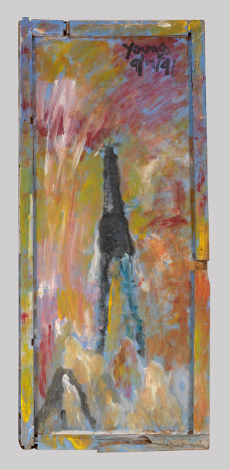 Tall abstract figure with muddled colorful background of yellow, orange, white and pink brushstrokes