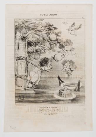 Caricature of a man chained to a tree made of food, trying to bite a bunch of grapes that grins at h