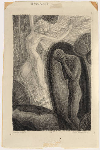 Two, shadowed nude figures in the foreground with ethereal figure of nude woman in background