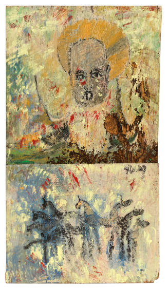 Diptych of a cherubic face above and a group of dark horses below, rendered with loose brushstrokes