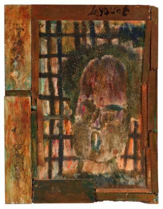 Face with open mouth and dark skin tone with grid in background, framed by found wood
