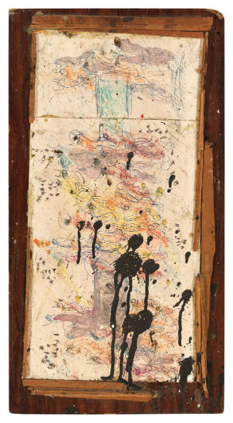 Colorful scribbles and brushstrokes and splatters of black paint, on white surface of found board