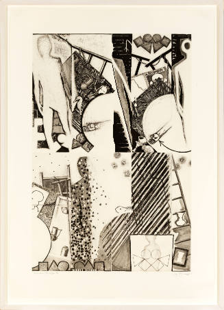 Black-and-white print with combined elements: people, household items, animals, shapes, and ladders